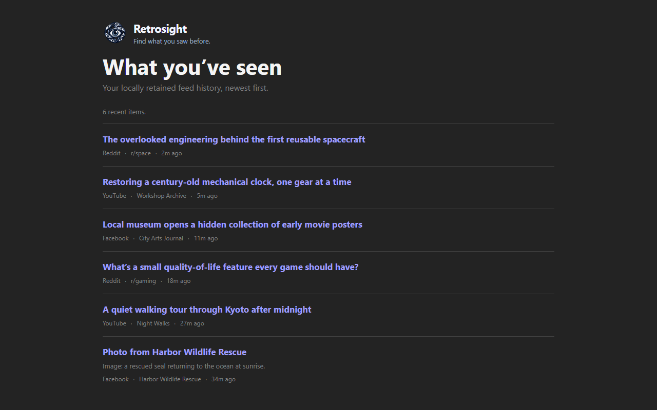 Retrosight showing a chronological list of recently seen Reddit, YouTube, and Facebook items